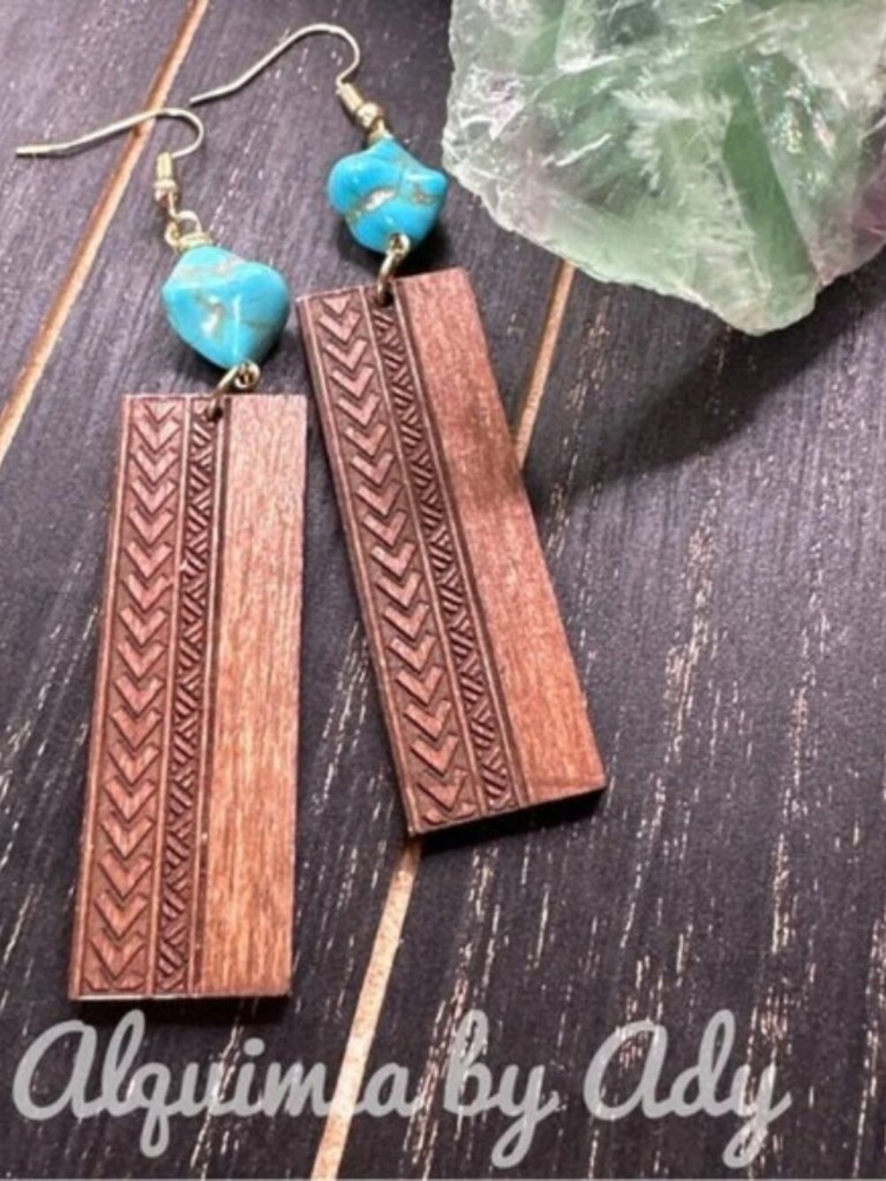 Statement Turquoise Earrings _ Wood and Turquoise Chunks _ Shoulder Dusters